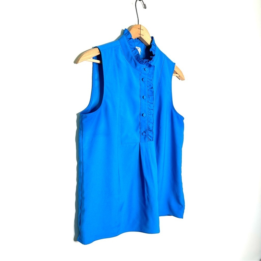 J. Crew | Blue Ruffle Trim Mock Neck Sleeveless Top Size 6 - Picture 2 of 6